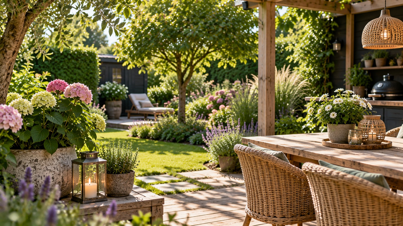 Groene tuin met bomen en beplanting
