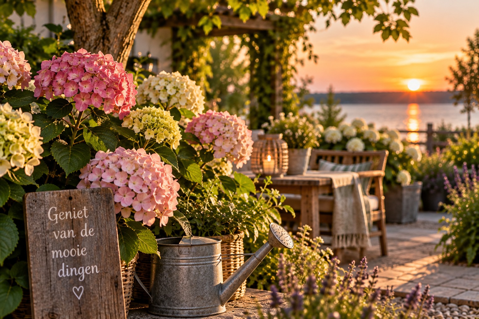 Rustige tuin met hortensia's en terras bij zonsondergang